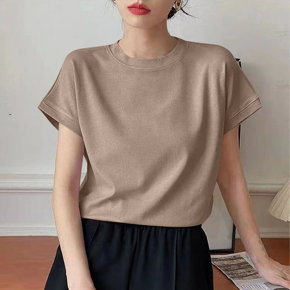 HOMBOM Khaki Blouses for Women Trendy Short Sleeve Crew Neck Basic Solid T-shirt L