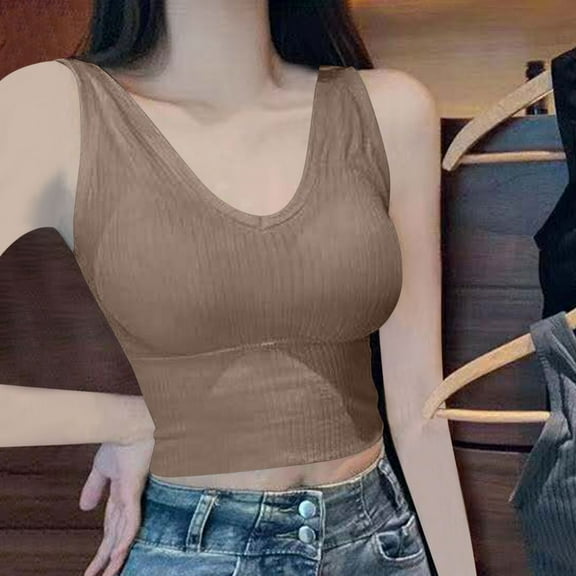 HOMBOM Khaki Camisole Tank Tops for Women Built in Bras Solid Color Sleeveless Flowy V-Neck Tunic Blouse