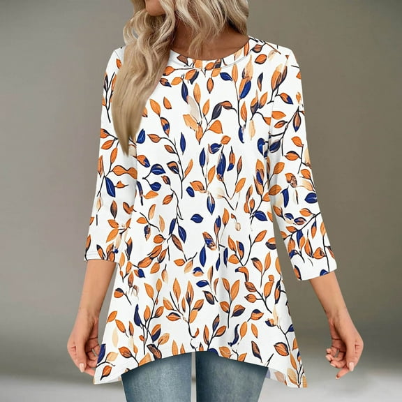 HOMBOM Khaki Women Blouses Fall Crew Neck 3/4 Sleeve Long Casual Leaf Print Loose Tunic Blouse