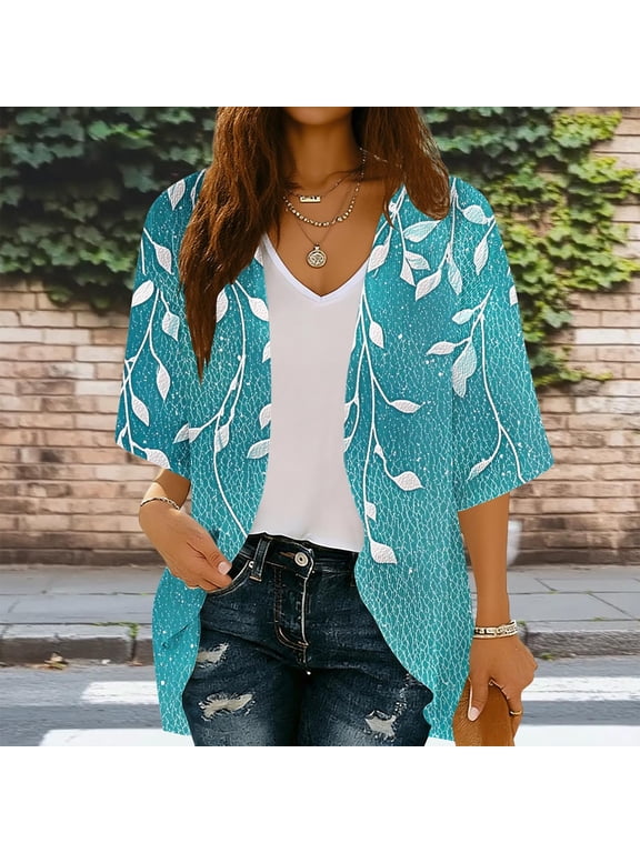 Kimonos for Women Dusters 3/4 Sleeve Cardigan Soft Resort Floral Beach Young Womens Cover Ups Open Front