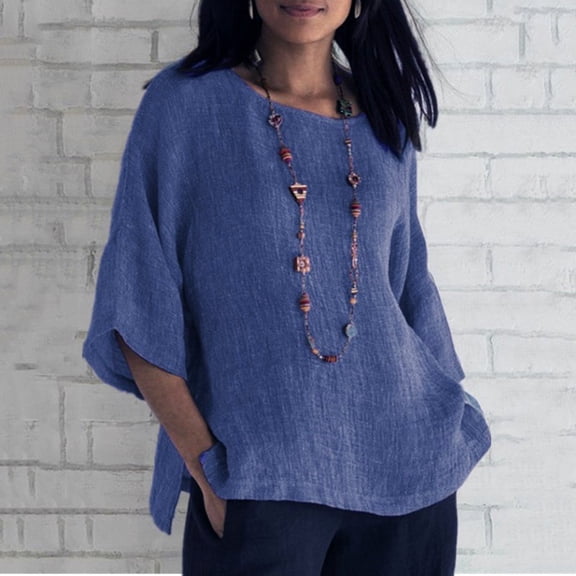 HOMBOM Ladies Tops and Blouses 3/4 Sleeve Solid Crew Neck Blue Plus Size Blouse Blouses for Women S