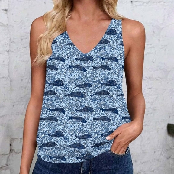 HOMBOM Light Blue Muscle Tank Tops for Women Graphic Loose Fit Sleeveless Fish Print V-Neck Dressy Blouse