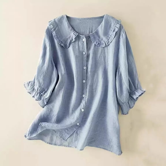 HOMBOM Light Blue Shirts for Women Cotton Elegant Short Sleeve Collared Solid Puff Sleeve Shirts M