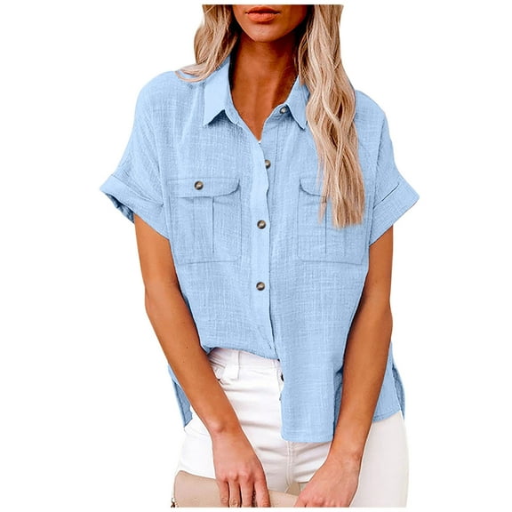 HOMBOM Light Blue Womens Blouses and Tops Short Sleeve Casual Solid V-Neck Button-Down Shirts XXL