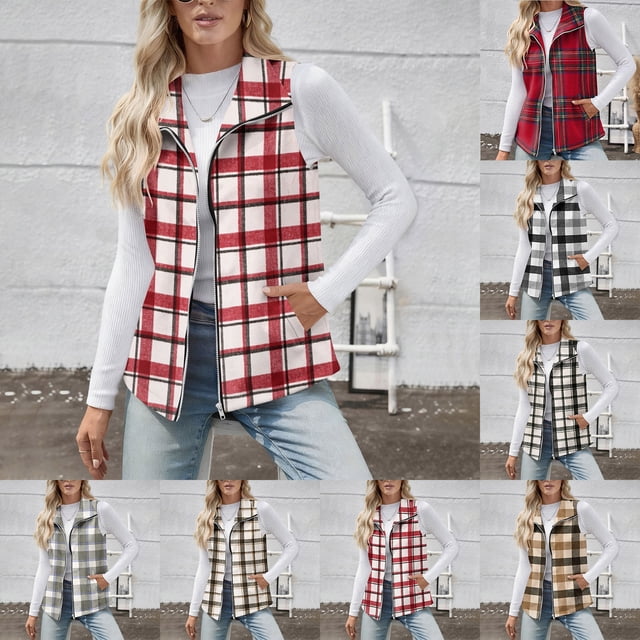 HOMBOM Lightweight Fleece Vest for Women with Pockets Jacket Plaid Sleeveless Fall Winter Zip Up Outwear Womens Coat Xmas