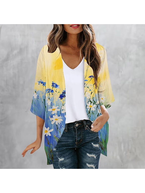 Lightweight Kimono for Women Boho Dusters Cardigan Flowy Floral Casual Ladies Cover Ups 3/4 Sleeve