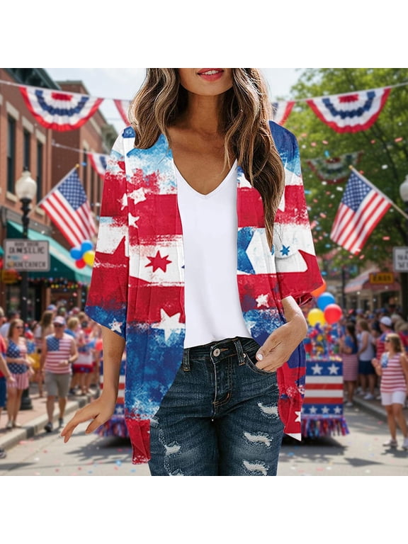 Lightweight Kimonos for Women 3/4 Sleeve Cardigan Beach Flowy 4th of July Dusters Young Womens Cover Ups Daily Wear