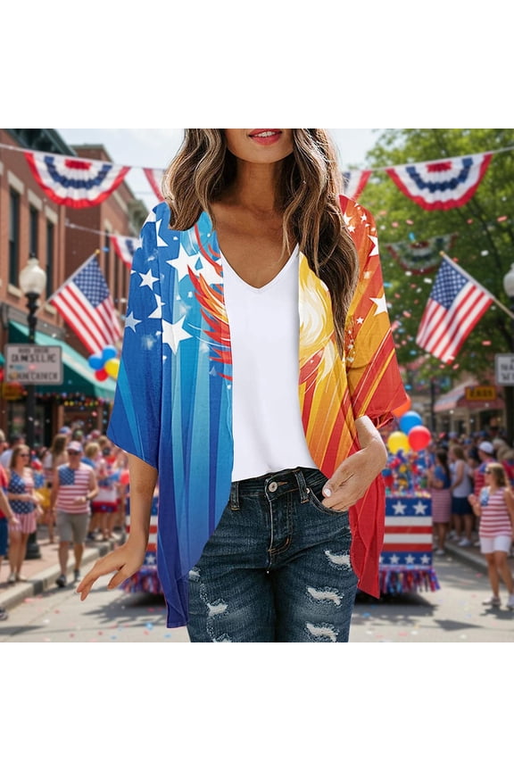 Lightweight Kimonos for Women Cardigan 3/4 Sleeve Breathable 4th of July Dusters Beach Young Womens Cover Ups Daily Wear
