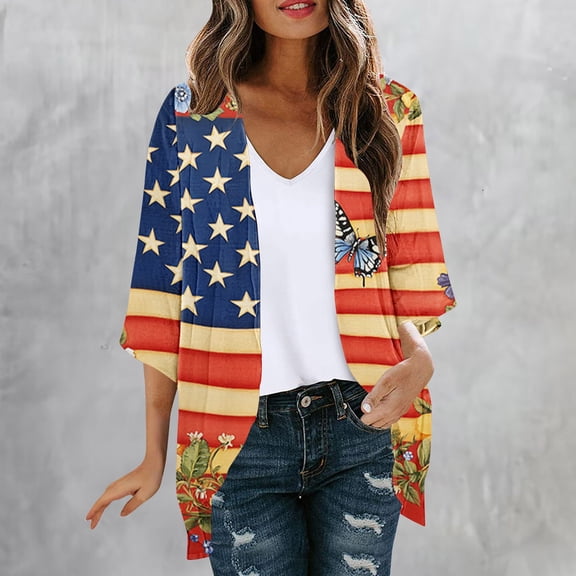 HOMBOM Lightweight Kimonos for Women Cardigan Boho Open Front 3/4 Sleeve Casual 4th of July Ladies Cover Up