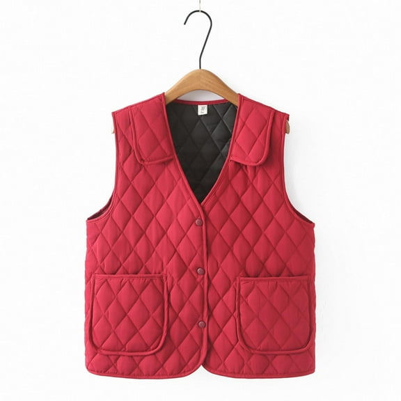 HOMBOM Lightweight Quilted Vest for Women with Pockets Short Overcoat Warm Jackets Red Button down Lapel Womens Sleeveless