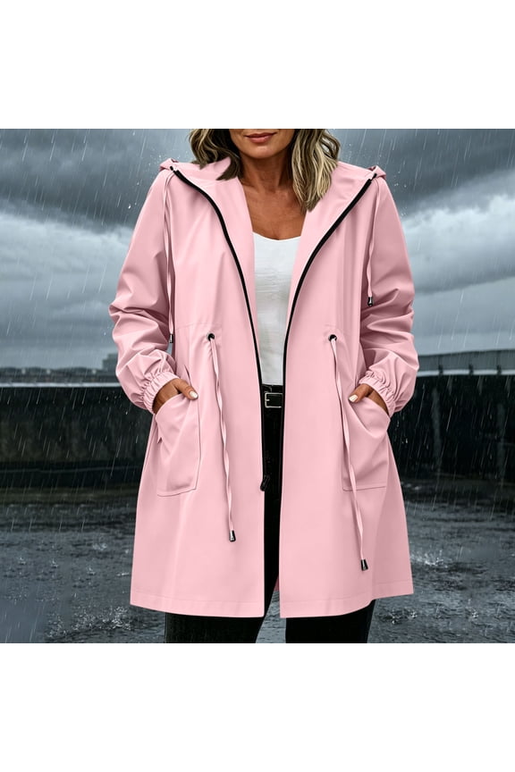 Lightweight Rain Jacket for Women Waterproof Running Zip Up Hooded Outdoor Drawstring Waist Ladies Raincoat Daily