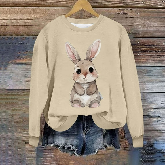 HOMBOM Long Sleeve Easter Shirts For Women Beige Hoodless Sweatshirts Easter Rabbit Print Crew Neck Summer Tops For Women Clearance Under $10 L