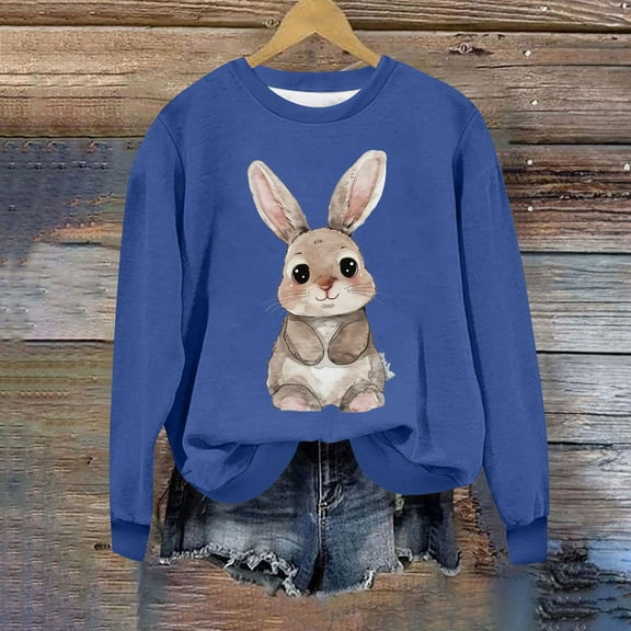 HOMBOM Long Sleeve Easter T Shirts For Women Blue Hoodless Sweatshirts Crew Neck Easter Rabbit Print Summer Tops For Women 2024 M