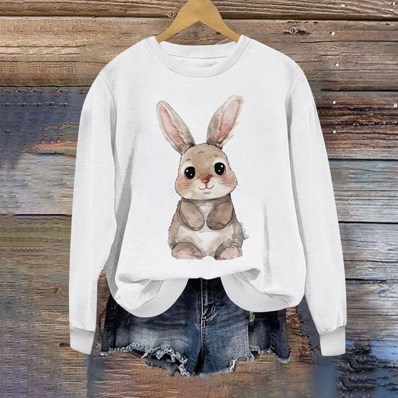 HOMBOM Long Sleeve Easter Tops Women White Hoodless Sweatshirts Easter Rabbit Print Crew Neck Y2k Tops Summer XL