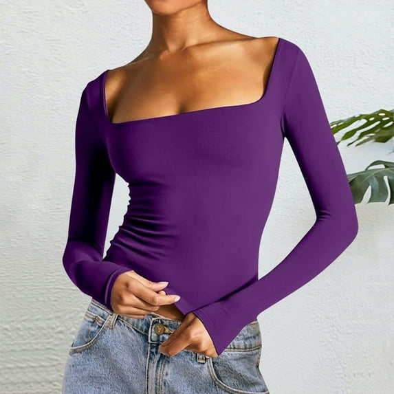 HOMBOM Long Sleeve Going Out Tops for Women Slim Y2K T Shirts Plain Purple Square Neck Womens Winter