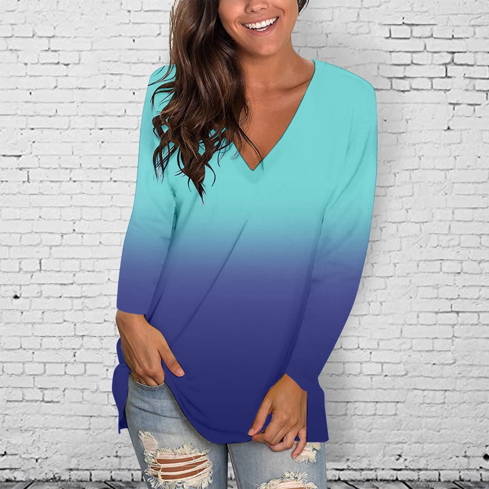 HOMBOM Long Sleeve Shirts For Womens,Women's V Neck T Shirts Casual Gradient Tops Blouse Tunic