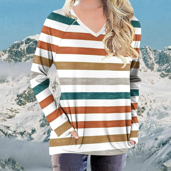 HOMBOM Long Sleeve T-Shirts for Women V-Neck Orange Casual with Pocket Striped Tops Womens