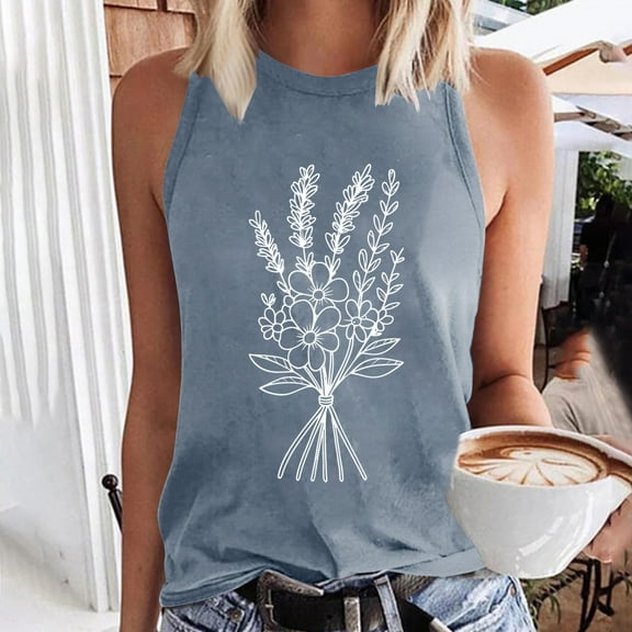HOMBOM Loose Fit Muscle Tank Tops for Women 2025 Gray Floral Sleeveless Casual Crew Neck Tank Blouse