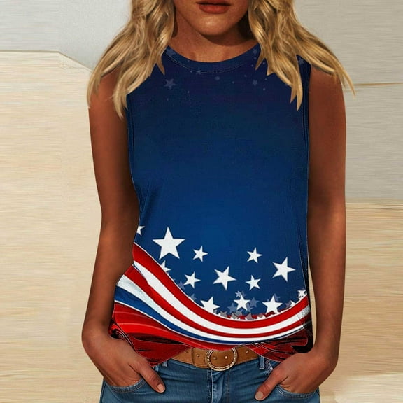 HOMBOM Loose Fit Muscle Tank Tops for Women 2025 Sleeveless Dressy independence Day Print Crew Neck Shirt