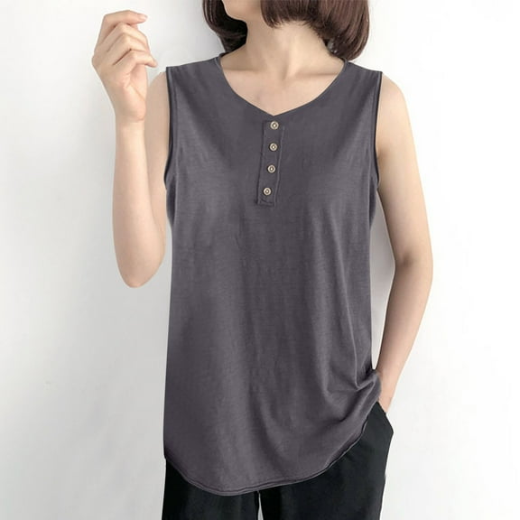 HOMBOM Loose Fit Muscle Tank Tops for Women Graphic Gray Solid Color V-Neck Flowy Sleeveless Tunic Blouse