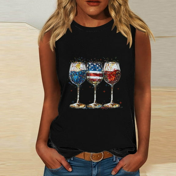 HOMBOM Loose Fit Muscle Tops for Women 2025 Crew Neck Flowy Sleeveless independence Day Star Shirt