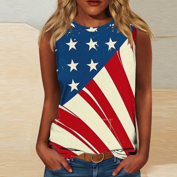 HOMBOM Loose Fit Muscle Tops for Women 2025 independence Day Star Casual Crew Neck Sleeveless Shirt