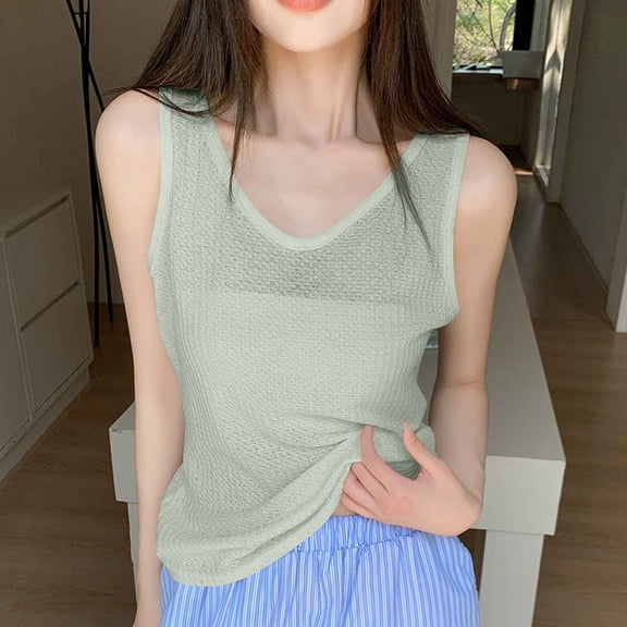 HOMBOM Loose Fit Muscle Tops for Women Summer Green V-Neck Sleeveless Dressy Solid Color Shirt