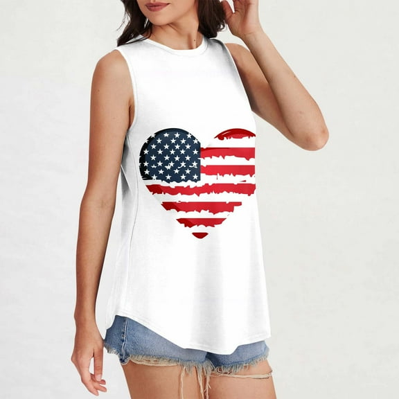 HOMBOM Loose Fit Muscle Tops for Women Summer White independence Day Star Sleeveless Crew Neck Casual Blouse