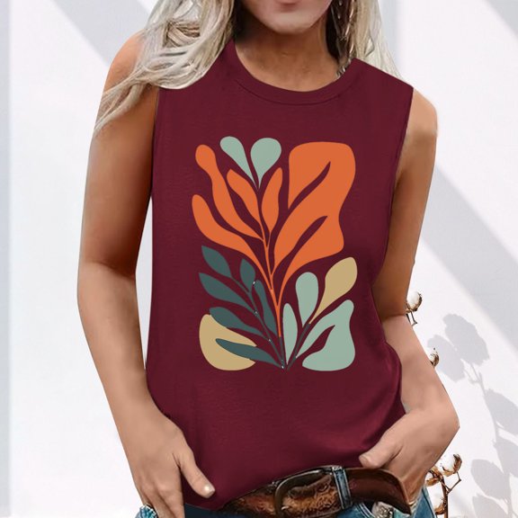 HOMBOM Loose Fit Muscle Tops for Women Summer Wine Crew Neck Sleeveless Dressy Floral Tank Blouse