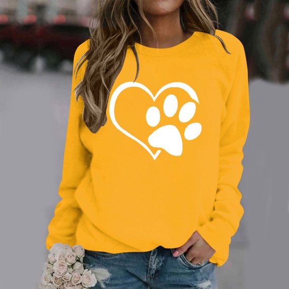 HOMBOM Loose Sweatshirt for Women 2024 Yellow Comfortable Pullover Crew Neck Tops Casual Heart Dog Paw Print Long Sleeve Sweatshirt