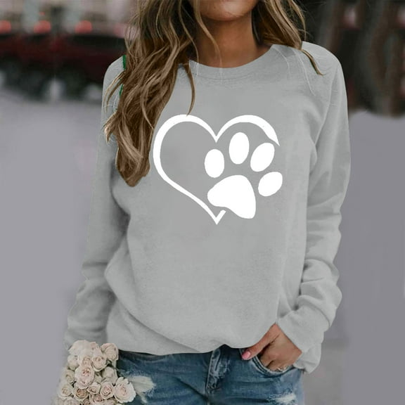 HOMBOM Loose Sweatshirts for Women Trendy Crew Neck Pullover Gray Winter Tops Heart Dog Paw Print Long Sleeve Casual Sweatshirt