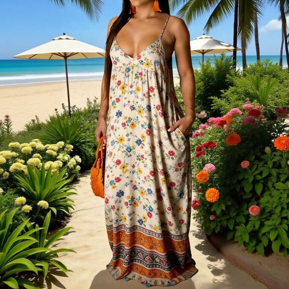 HOMBOM Maxi Dresses for Women Boho with Pockets Spring Khaki Backless Casual Floral Ladies Slip Dress V Neck