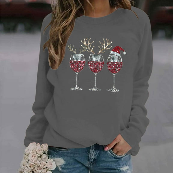 HOMBOM Merry Sweatshirts for Women Crewneck Gray Fleece Christmas Xmas Wine Glasses Pullover Adults Sweatshirt Cute