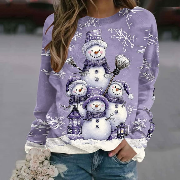 HOMBOM Merry Sweatshirts for Women Essentials Christmas Plus Size Xmas Crewneck Snowman Hoodless Ladies Sweatshirt Purple