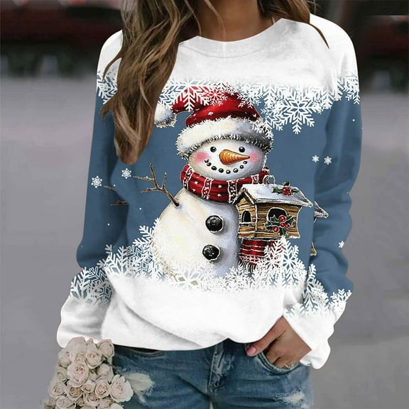 HOMBOM Merry Sweatshirts for Women Fleece Funny Crewneck Blue Xmas Casual Christmas Ladies Sweatshirt