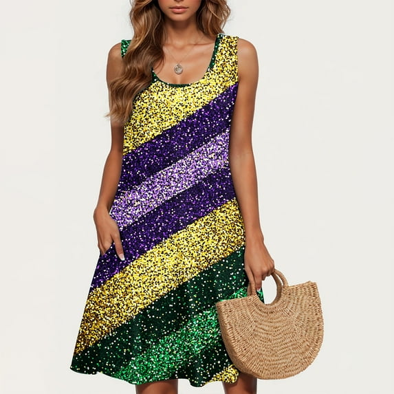 HOMBOM Mid-Length Dresses for Women Beach Gold Plus Size Sundress 2024 Crew Neck Sleeveless Carnival Dresses L