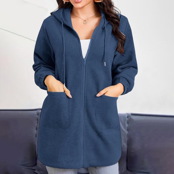 HOMBOM Mid-Length Sweatshirt for Women with Pocket Zip-Up Blue Solf Long Sleeve Solid Womens Jackets Hooded