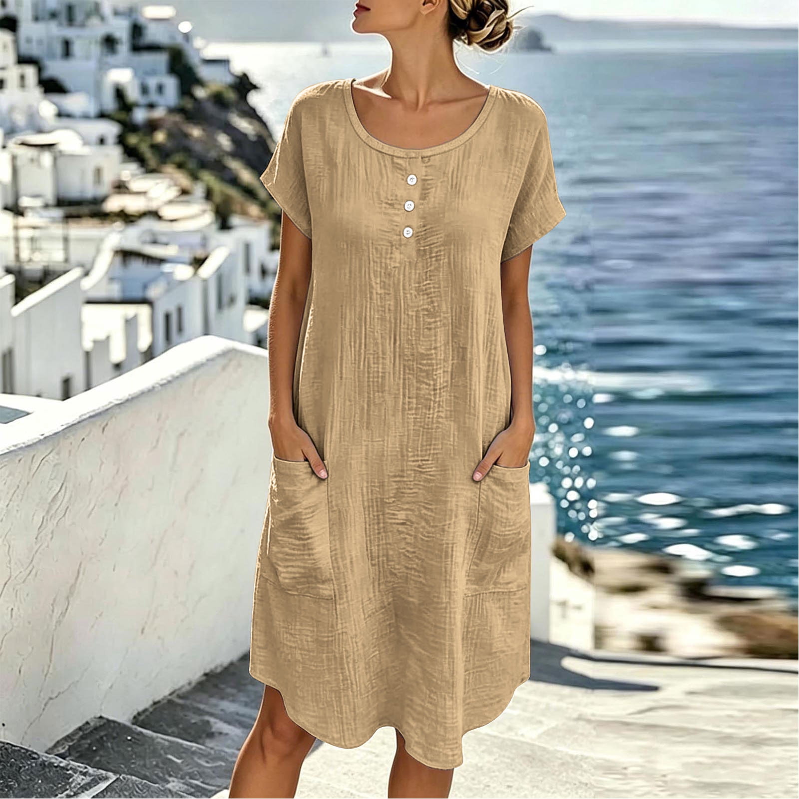 midi wrinkle-free dress for travel HOMBOM Midi Dress Crew Neck Short Sleeve Solid Color for Women Wedding  Guest Wrinkle Free Travel Dress