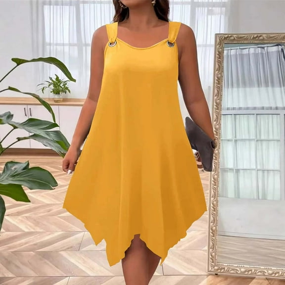 HOMBOM Midi Dresses for Women Gold Tent Plus Size Birthday Asymmetrical Hem Solid Summer Crew Neck Dresses Women