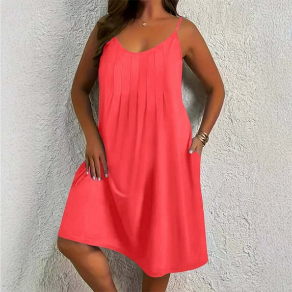 HOMBOM Midi Dresses for Women Plus Size Birthday Slip Watermelon Red Solid Beach Crew Neck Womens Summer Dresses with Pockets