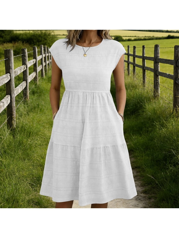 Midi Dresses for Women White Spring Solid Vacation Ladies A Line Dress with Pockets