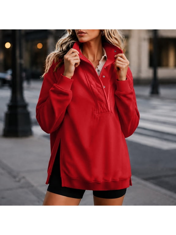 Mock Neck Sweatshirts for Women Side Slit Hem Plain Red Oversized Comfy Button Long Sleeve Womens Soft Tunic Top