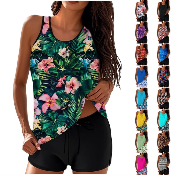 HOMBOM Modest Plus Size Tankini Set Women Two Piece Swimwear with Comfort Shorts,Floral 2XL