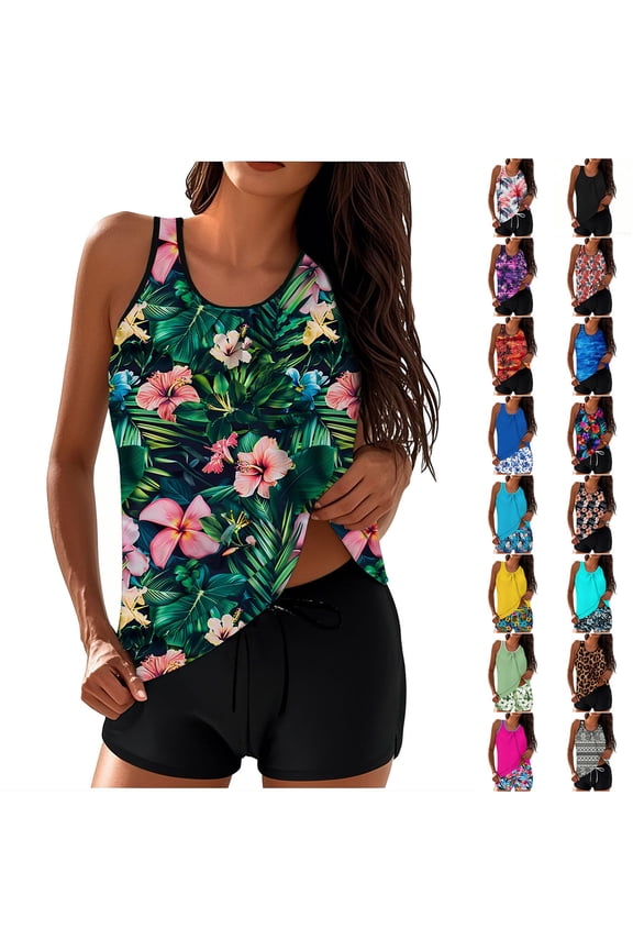 Modest Plus Size Tankini Set Women Two Piece Swimwear with Comfort Shorts,Floral 2XL