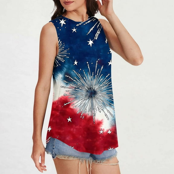 HOMBOM Muscle Tank Tops for Women 2025 Loose Fit Blue Sleeveless Flowy Crew Neck independence Day Star Tunic Blouse