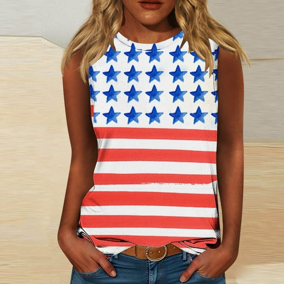 HOMBOM Muscle Tank Tops for Women 2025 Loose Fit Sleeveless Crew Neck independence Day Star Casual Shirt