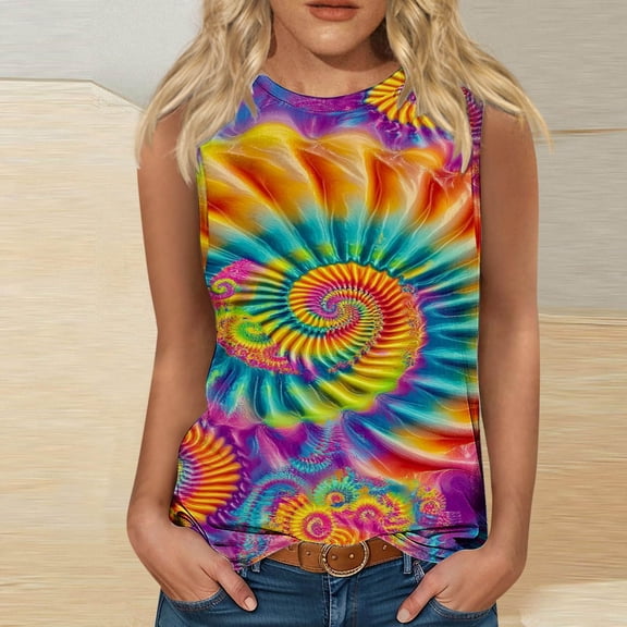 HOMBOM Muscle Tank Tops for Women 2025 Loose Fit Tie-Dye Crew Neck Dressy Sleeveless Tunic Blouse