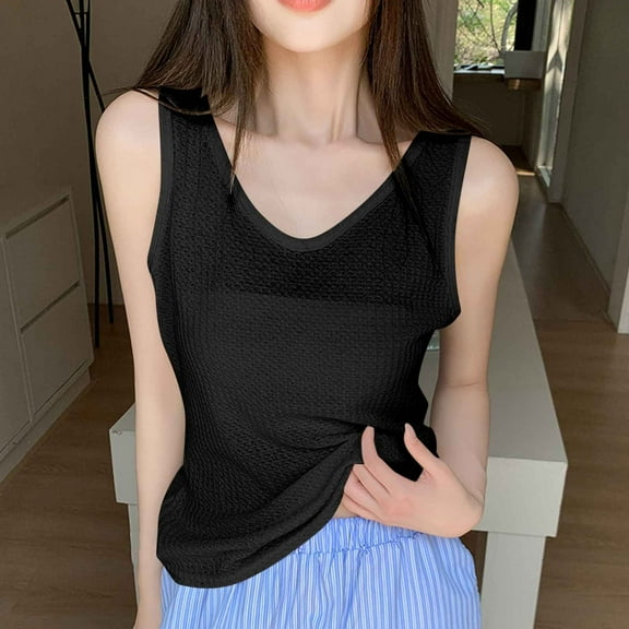 HOMBOM Muscle Tank Tops for Women Black Loose Fit Sleeveless V-Neck Flowy Solid Color Tunic Blouse