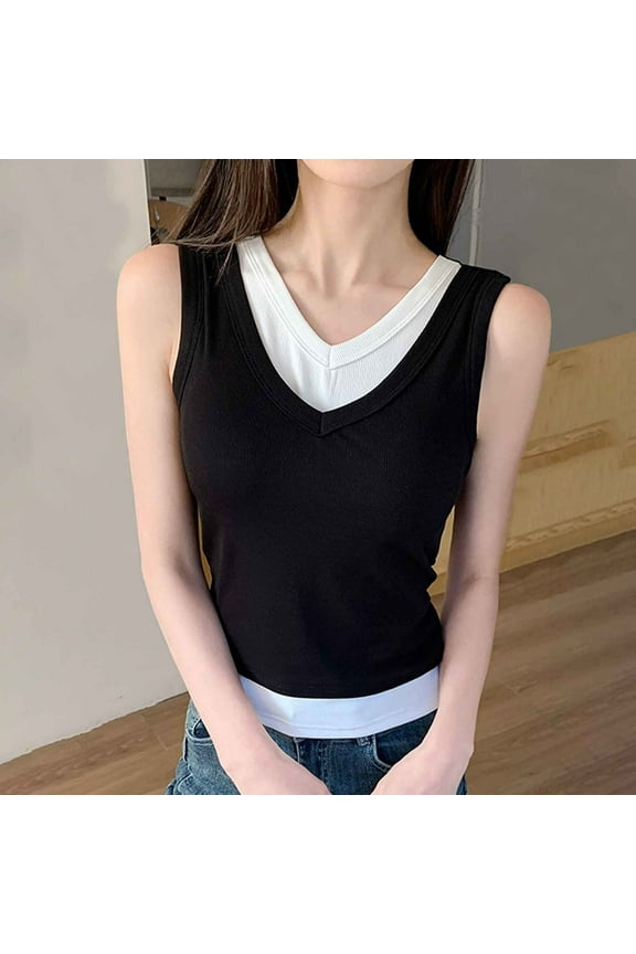 Muscle Tank Tops for Women Black V-Neck Color Blocking Sleeveless Fake Two-Piece Camisole