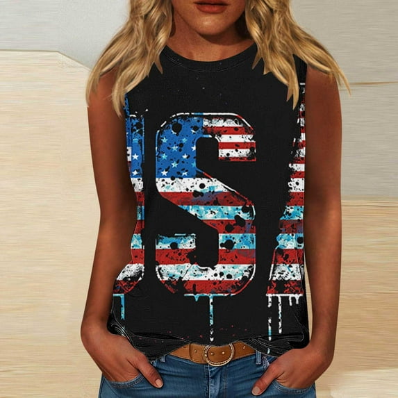 HOMBOM Muscle Tank Tops for Women Graphic Loose Fit Crew Neck independence Day Print Flowy Sleeveless Shirt